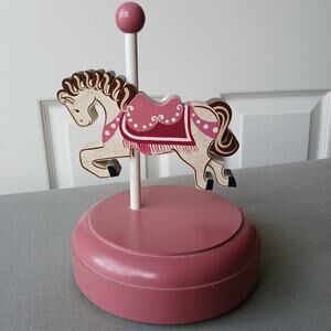 Vintage Handmade Wooden Carousel Horse Music Box pink "Dancer" 5"diameter 7.5"H